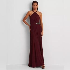Buckle-Trim Georgette Halter Gown ptp 18/18.5